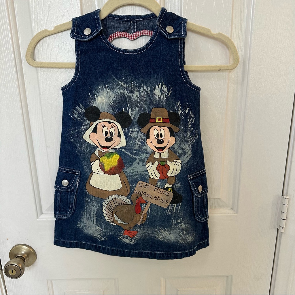 Y2k Old Navy Denim Blue Overall Dress 4t Hand Painted Disney Fall Pilgrim Rare